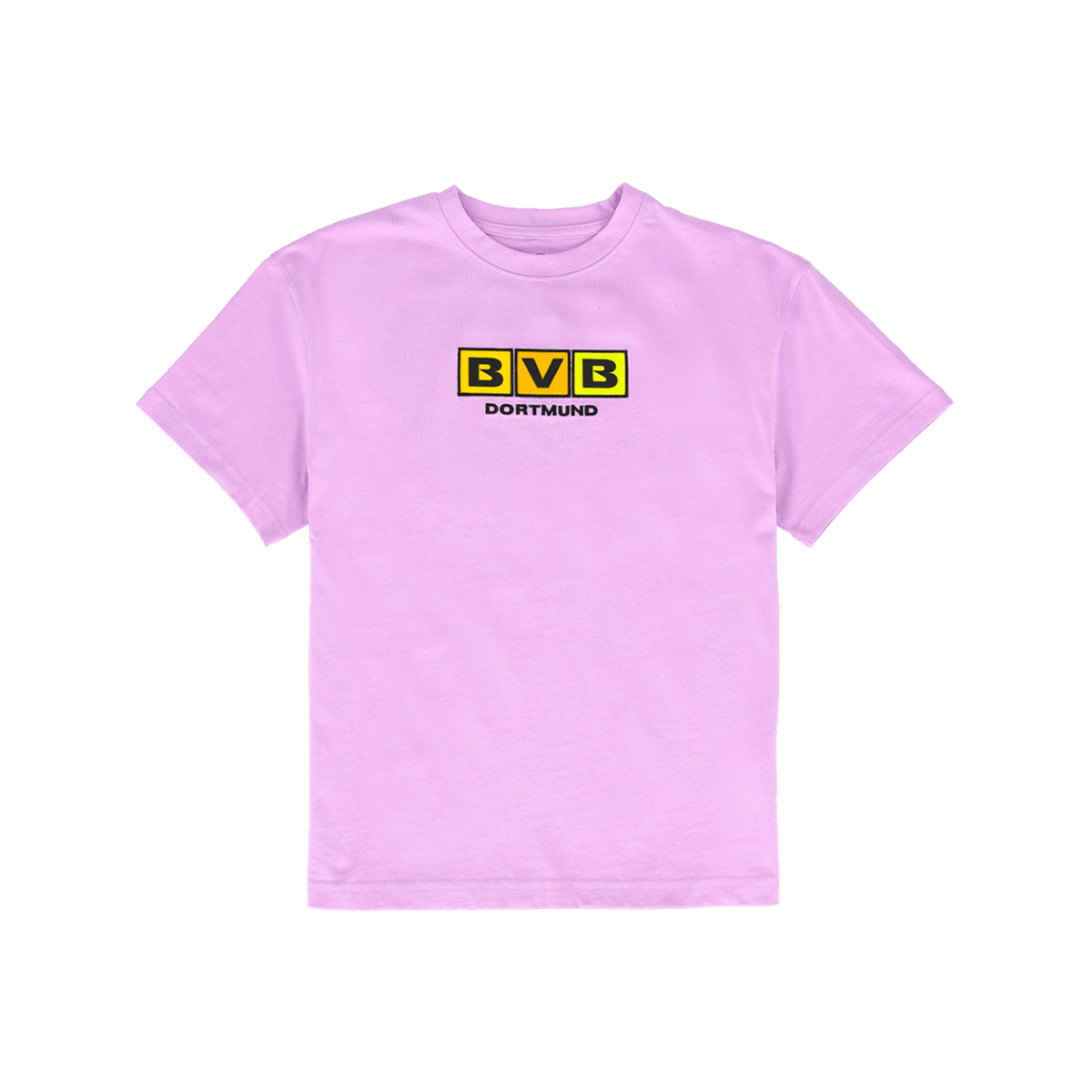 Lila BVB T-Shirt für Kinder im Block-Design mit auffälligem BVB-Logo und Schriftzug 'Dortmund' auf der Vorderseite.