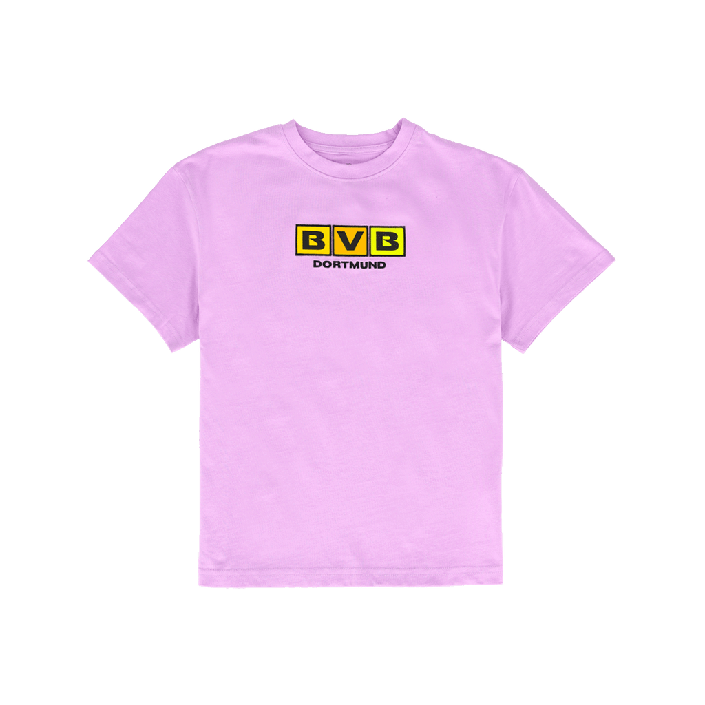 T-shirt violet du BVB pour enfants, au motif en blocs, avec un logo BVB bien visible et l'inscription « Dortmund » sur le devant.