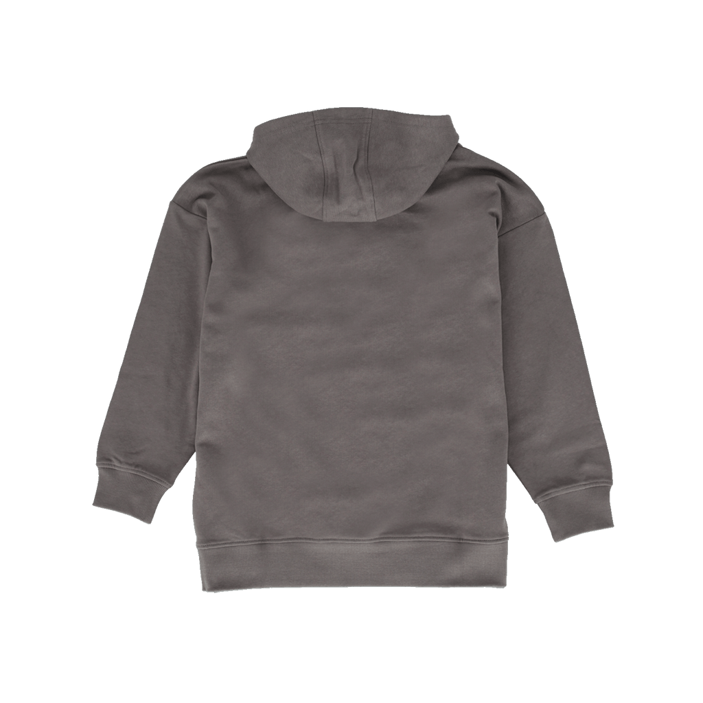 Vista trasera de una sudadera con capucha del BVB para niños, de color antracita, ideal para los jóvenes aficionados del Borussia Dortmund.