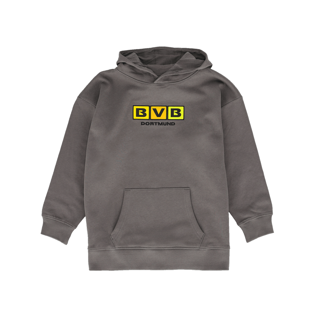 Sudadera con capucha del BVB en color antracita para niños, con un llamativo logotipo amarillo del club en la parte delantera, ideal para los jóvenes seguidores del Borussia Dortmund.