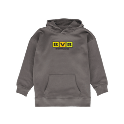 Anthracite-colored BVB hoodie for kids with a striking yellow club logo on the front, perfect for young Borussia Dortmund fans.
