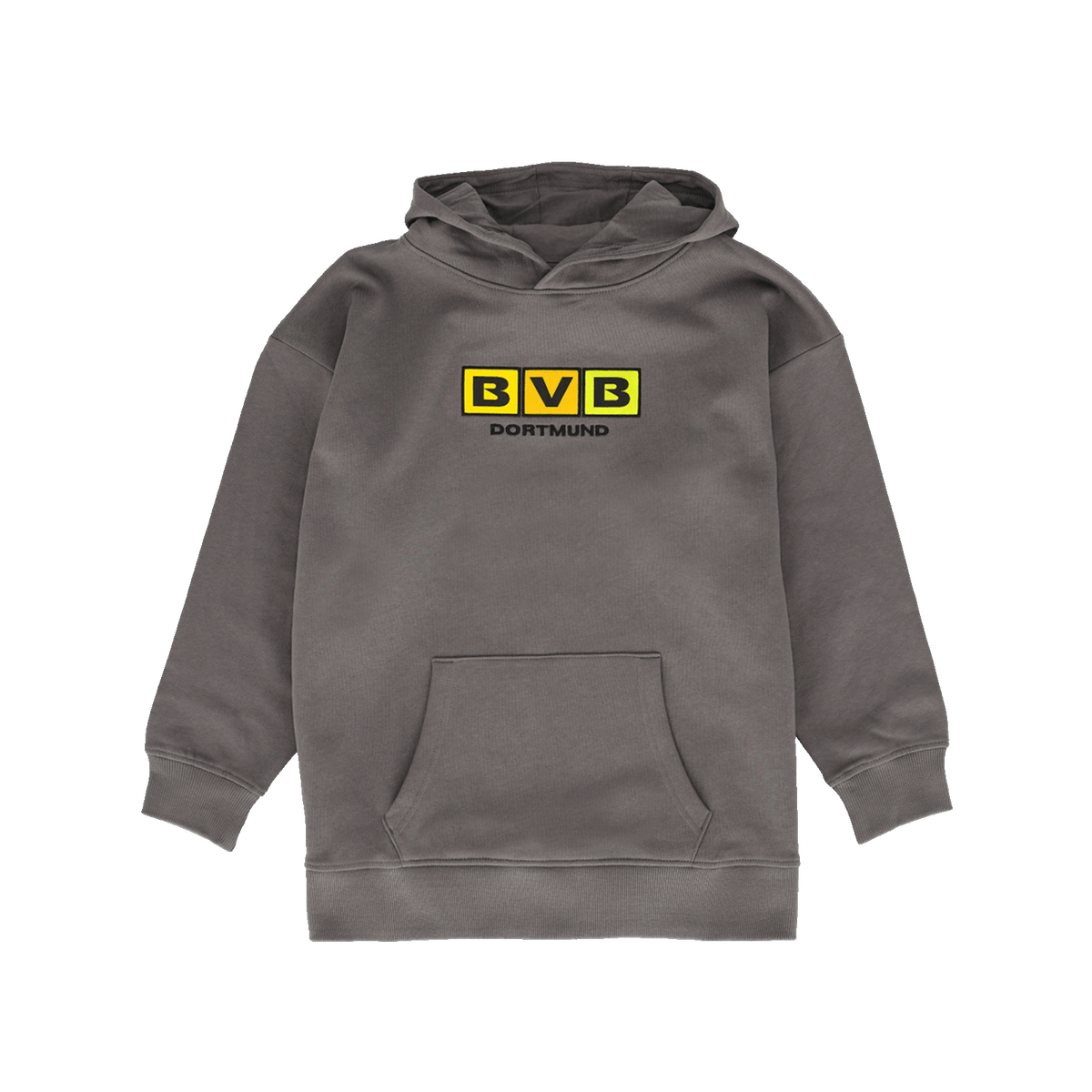 Anthracite-colored BVB hoodie for kids with a striking yellow club logo on the front, perfect for young Borussia Dortmund fans.