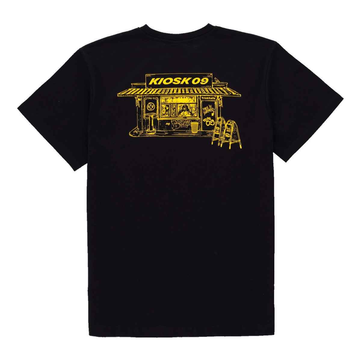 Schwarzes BVB T-Shirt mit gelbem Druck einer Kiosk-Szene und Schriftzug 'Kiosk 09', idealer Fanartikel für Borussia-Dortmund-Liebhaber.