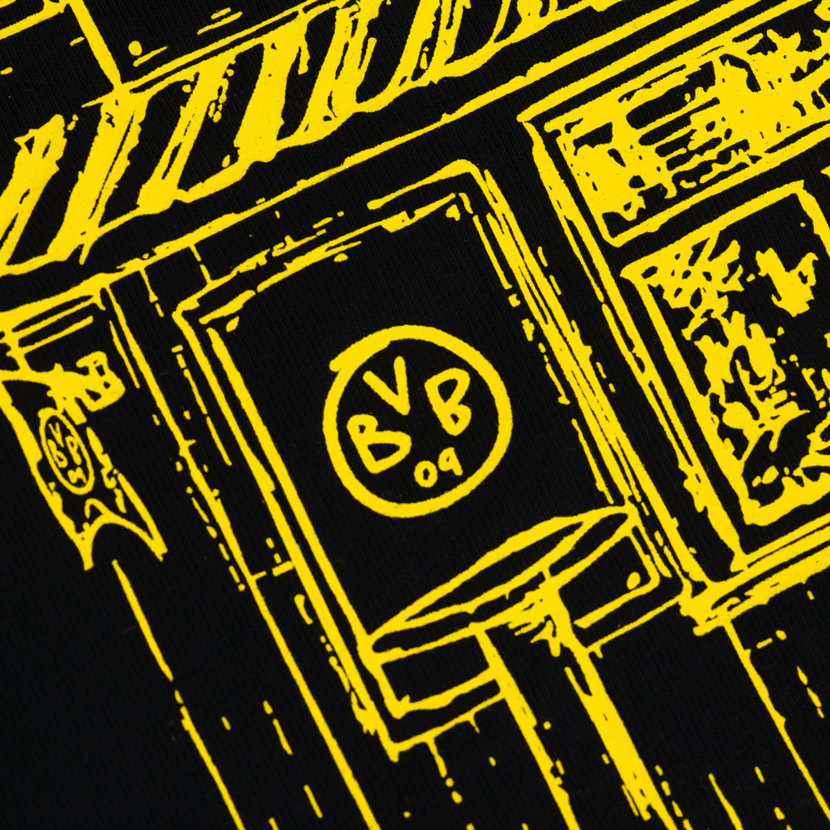 黒いBVBのTシャツで、黄色い「Trinkhalle」のグラフィックと、中央にBVB 09のロゴが入っています。