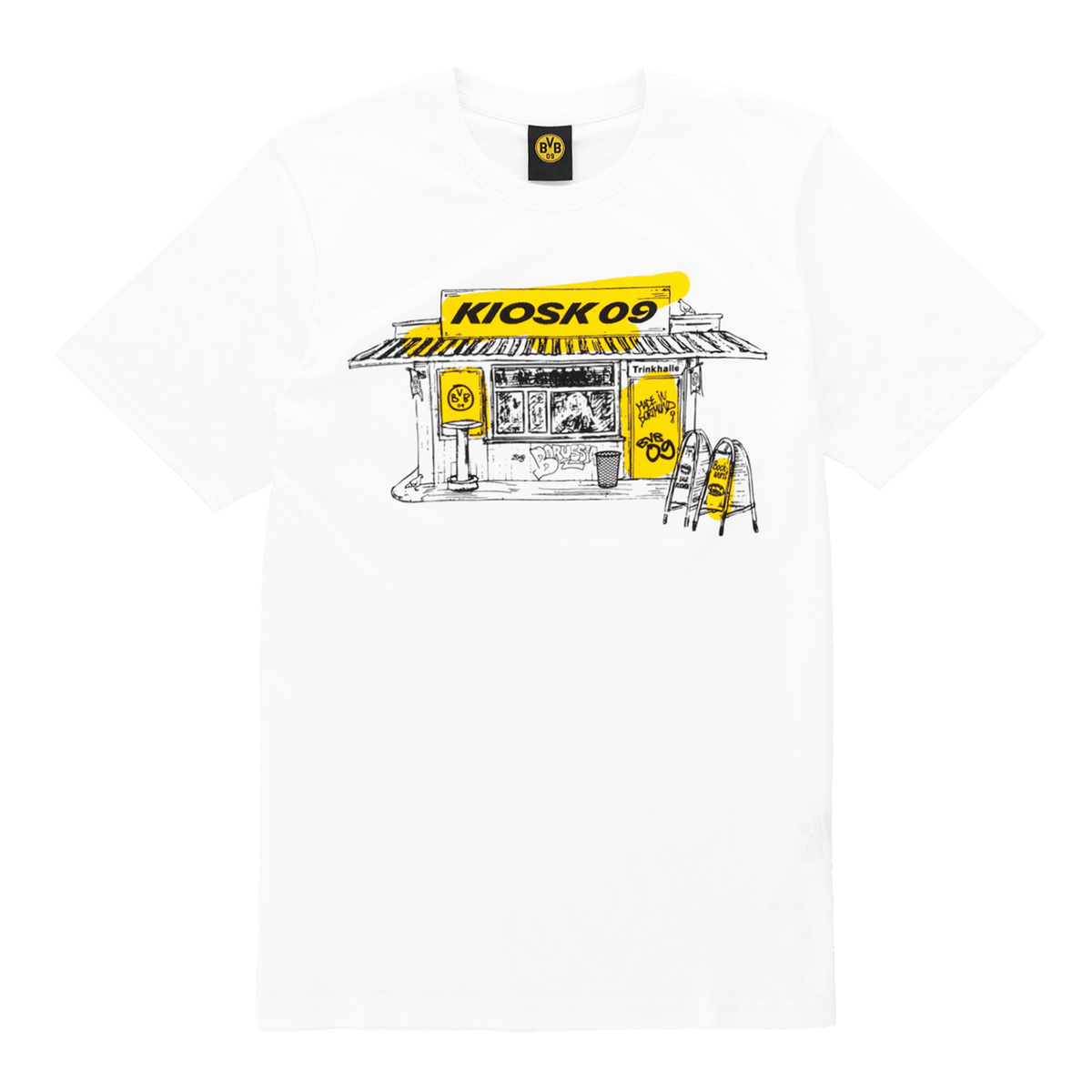 Weißes BVB T-Shirt mit einem schwarzgelben Kiosk09-Trinkhallen-Design auf der Vorderseite und BVB Logo am Halsausschnitt.