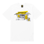Camiseta blanca del BVB con un diseño en negro y amarillo de Kiosk09 «Trinkhallen» en la parte delantera y el logotipo del BVB en el cuello.