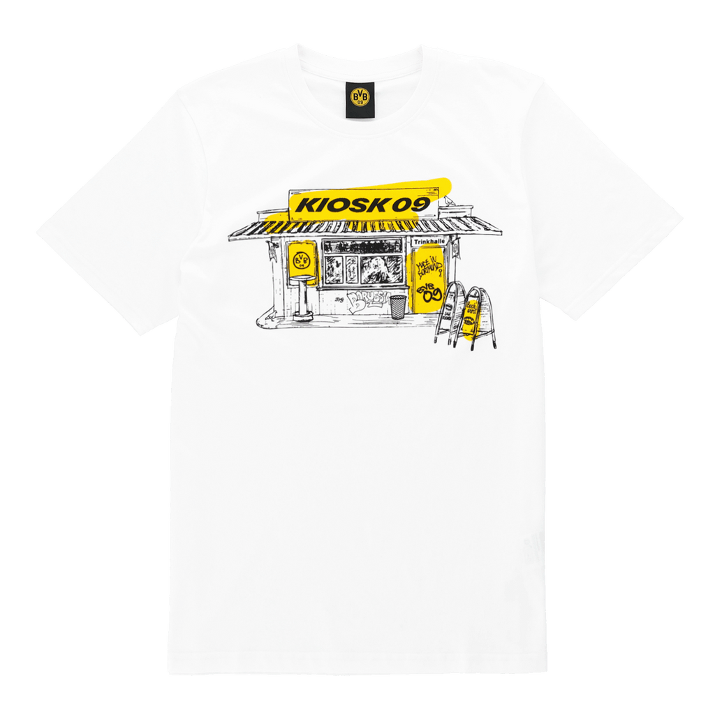 Camiseta blanca del BVB con un diseño en negro y amarillo de Kiosk09 «Trinkhallen» en la parte delantera y el logotipo del BVB en el cuello.