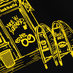 Schwarzer BVB-Hoodie mit auffälligem gelbem Trinkhallen-Print inklusive BVB 09-Logo und Schriftzug in schwarzgelb, ideal für Fans von Borussia Dortmund.