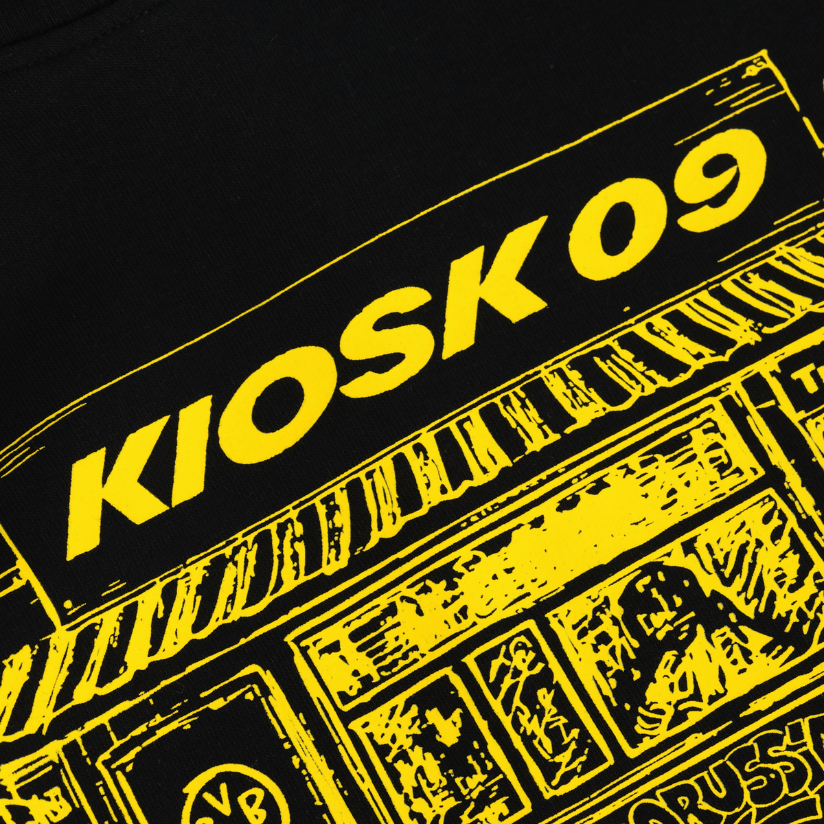 BVB Hoodie in Schwarz mit gelbem Kiosk-09-Design, ideal für Fans von Borussia Dortmund.