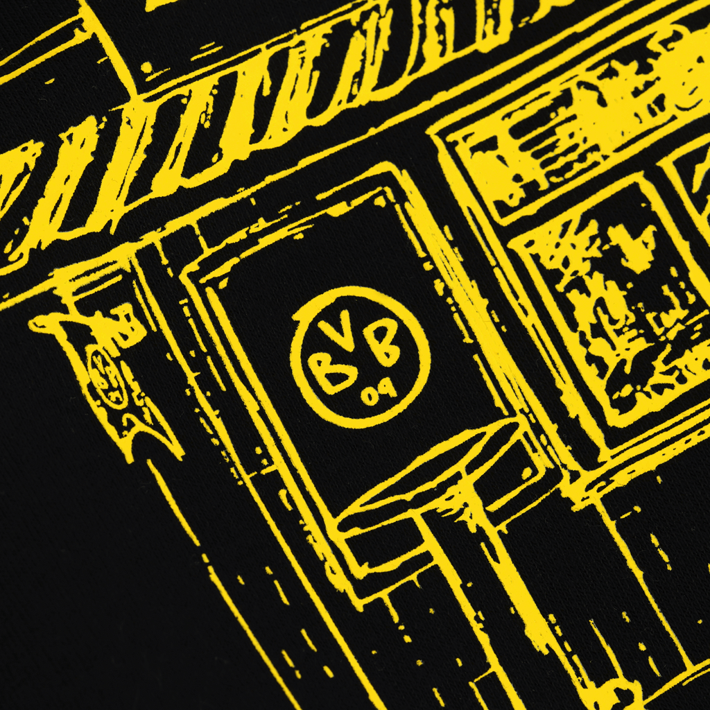 Schwarzer BVB-Hoodie mit gelbem Trinkhallen-Print und BVB-Logo, ideal für Borussia Dortmund Fans.