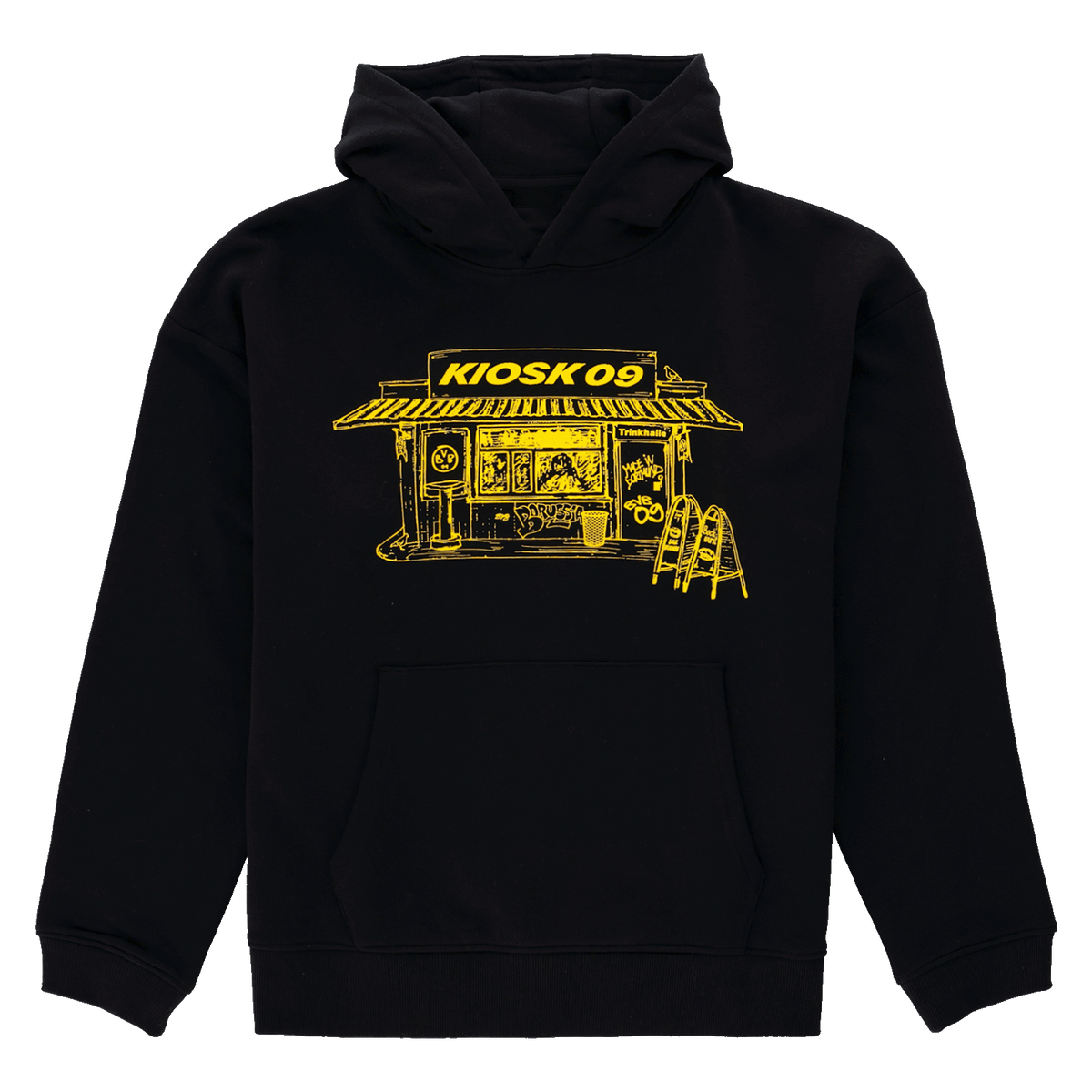 Black BVB Trinkhalle hoodie with an eye-catching yellow Kiosk 09 design—comfortable and perfect for Borussia Dortmund fans.