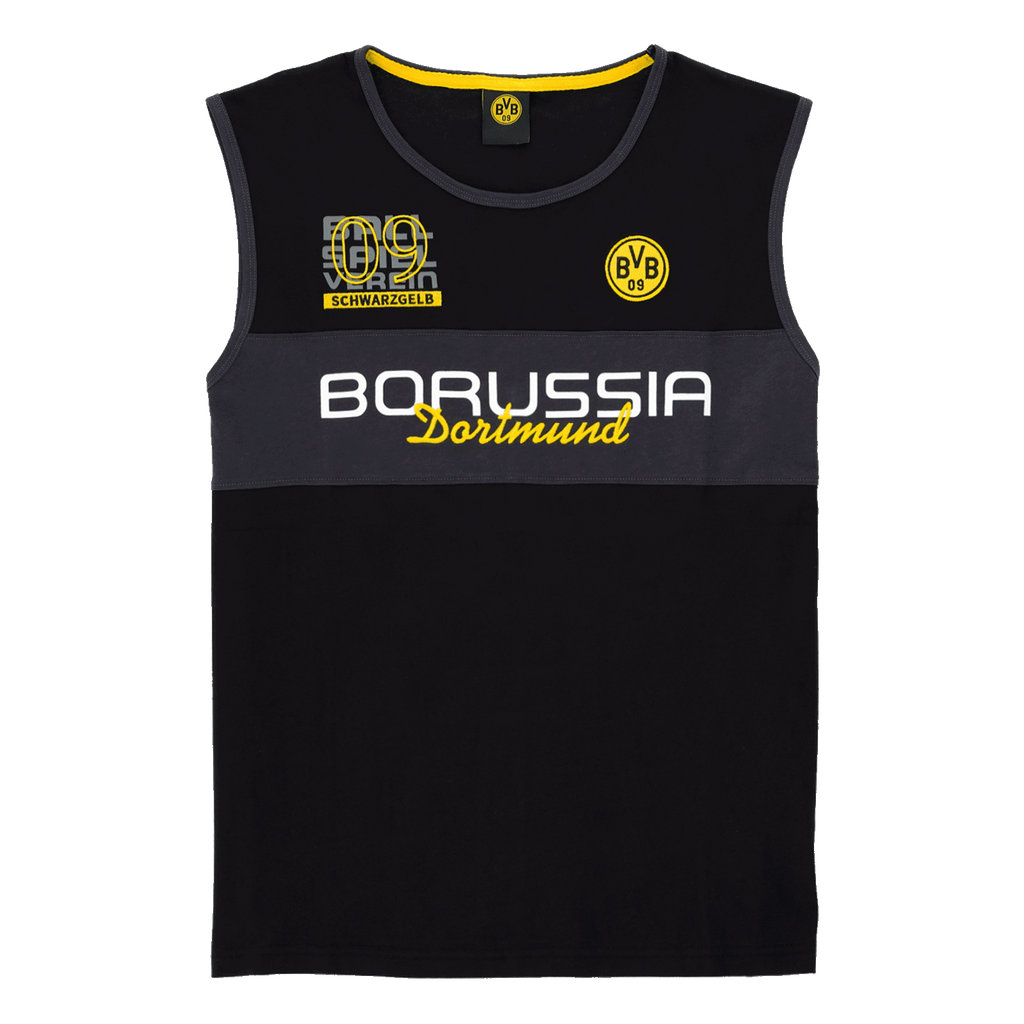 BVB Elements II Tanktop in Schwarz mit gelbem BVB 09-Logo, Borussia Dortmund-Schriftzug und sportlichem Design in der Vorderansicht.