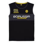 BVB Elements II Tanktop in Schwarz mit gelbem BVB 09-Logo, Borussia Dortmund-Schriftzug und sportlichem Design in der Vorderansicht.