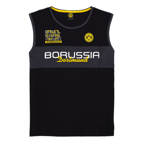 BVB Elements II Tanktop in Schwarz mit gelbem BVB 09-Logo, Borussia Dortmund-Schriftzug und sportlichem Design in der Vorderansicht.