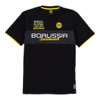 Maglietta nera del BVB con dettagli gialli, logo centrale del Borussia Dortmund e scritta decorativa, ideale per i tifosi.