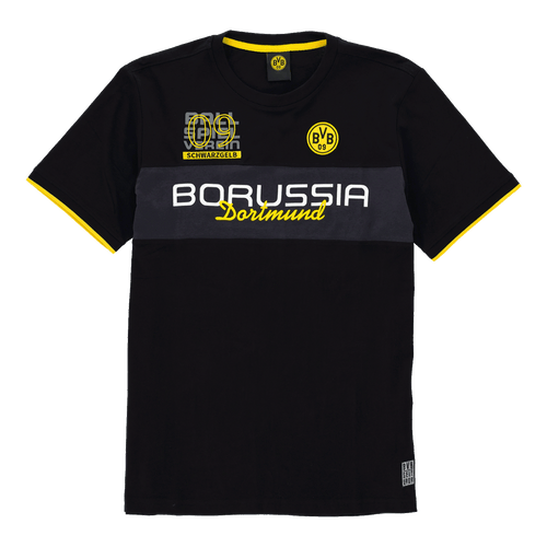 Schwarzes BVB T-Shirt mit gelben Details, zentralem Borussia Dortmund Logo und dekorativem Schriftzug, ideal für Fans.