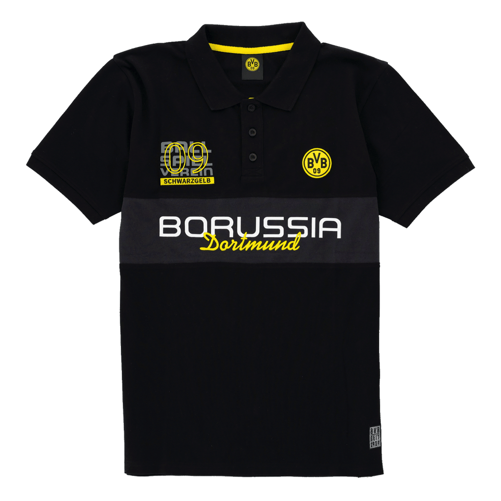 BVBの黒いポロシャツ。前面には黄色のクラブロゴ、「Borussia Dortmund」の文字、そして「09 schwarzgelb」のアップリケがあしらわれており、ファンに最適です。