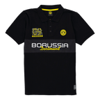 Polo negro del BVB con el logotipo amarillo del club, la inscripción «Borussia Dortmund» y el bordado «09 negro y amarillo» en la parte delantera, ideal para los aficionados.