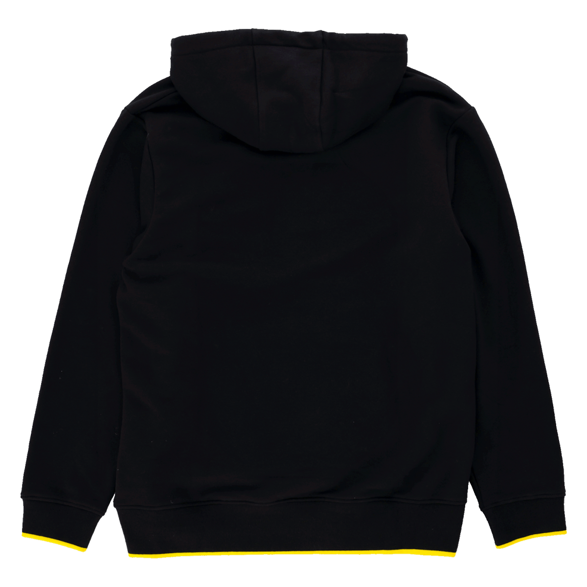 Rückansicht des schwarzgelben BVB Elements II Hoodies mit Kapuze und gelbem Saum, ideal für Fans von Borussia Dortmund.