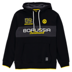 Sweat à capuche noir du BVB avec l'inscription « Borussia Dortmund » en jaune, le logo du BVB et une capuche, idéal pour les supporters du club de football.