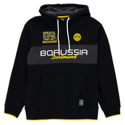Felpa con cappuccio nera del BVB con la scritta “Borussia Dortmund” in giallo, il logo del BVB e il cappuccio, ideale per i tifosi della squadra di calcio.