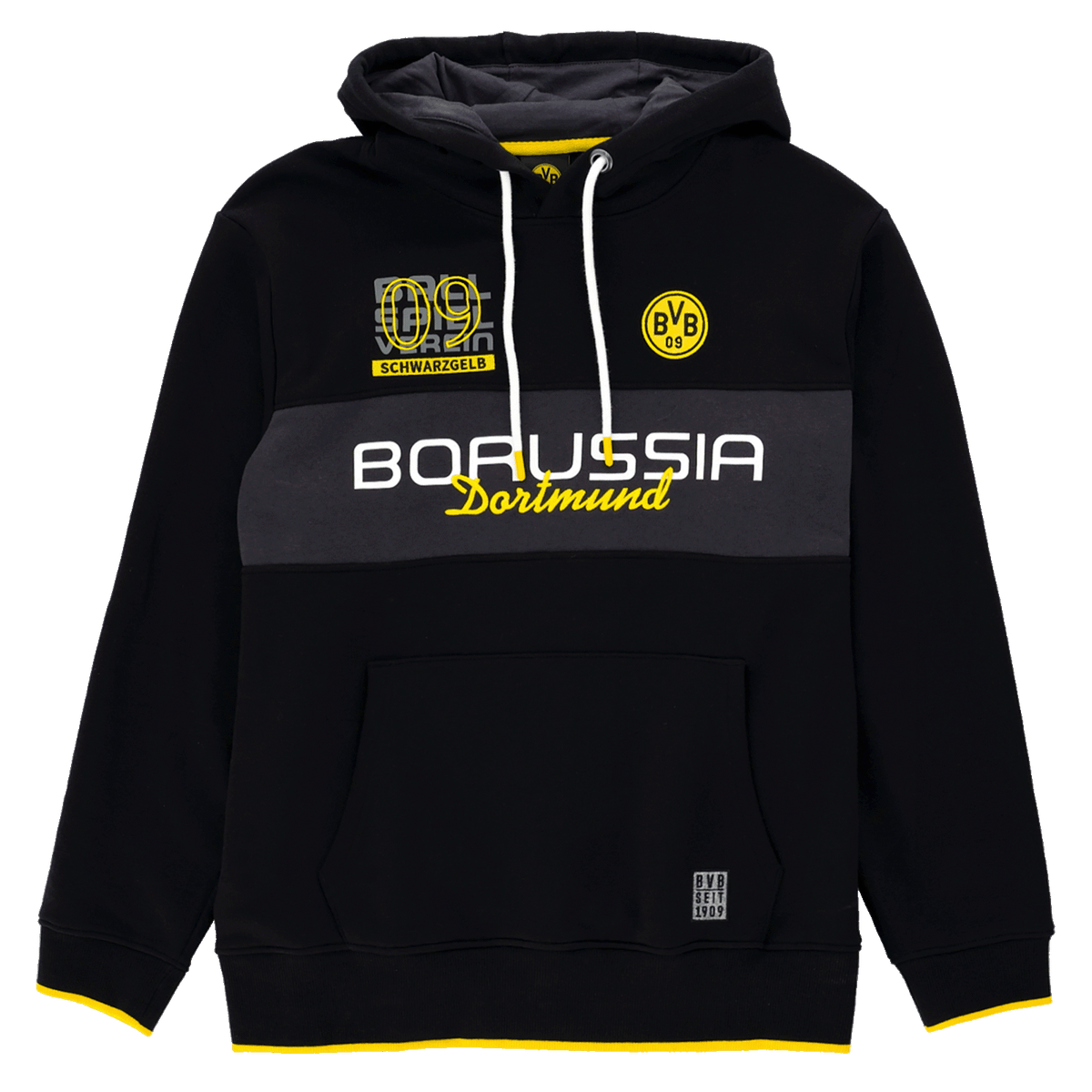Schwarzer BVB-Hoodie mit gelbem Borussia-Dortmund-Schriftzug, BVB-Logo und Kapuze, ideal für Fans des Fußballclubs.