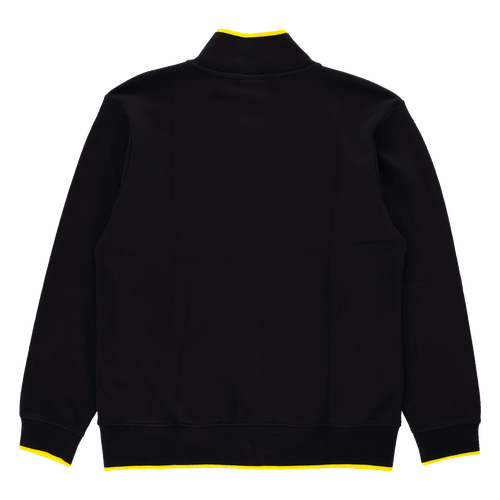 Rückansicht der schwarzen BVB Elements II Sweatjacke mit dezenten gelben Farbakzenten am Kragen und Bund.