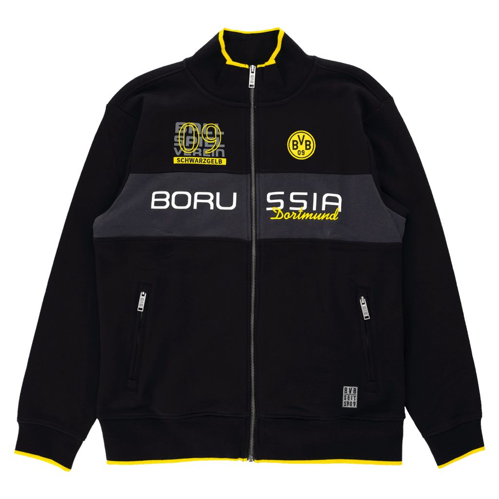 Schwarze Jacke mit gelbem Kragen, Reißverschluss, BVB-Logo und Borussia Dortmund Schriftzug; Fanartikel in schwarzgelbem Design.