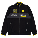 Schwarze Jacke mit gelbem Kragen, Reißverschluss, BVB-Logo und Borussia Dortmund Schriftzug; Fanartikel in schwarzgelbem Design.