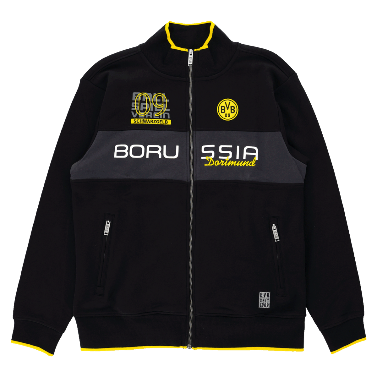 Schwarze Jacke mit gelbem Kragen, Reißverschluss, BVB-Logo und Borussia Dortmund Schriftzug; Fanartikel in schwarzgelbem Design.