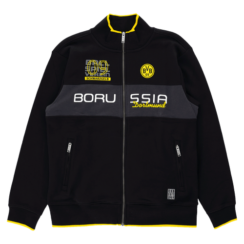 Schwarze BVB-Sweatjacke mit gelben Akzenten, Reißverschluss, BVB-Emblem und Borussia Dortmund Schriftzug auf der Vorderseite. Ideal für Fans des Vereins.