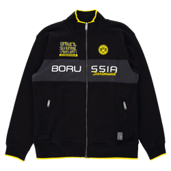 Schwarze BVB-Sweatjacke mit gelben Akzenten, Reißverschluss, BVB-Emblem und Borussia Dortmund Schriftzug auf der Vorderseite. Ideal für Fans des Vereins.