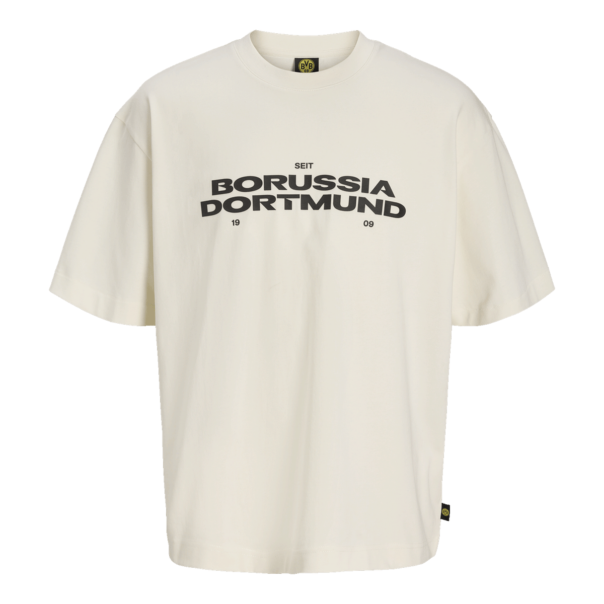 Camiseta del BVB «Essentials II» en color beige, de manga corta, con la inscripción en negro «Seit Borussia Dortmund 1909» en la parte delantera. Perfecta para los aficionados del Borussia Dortmund.