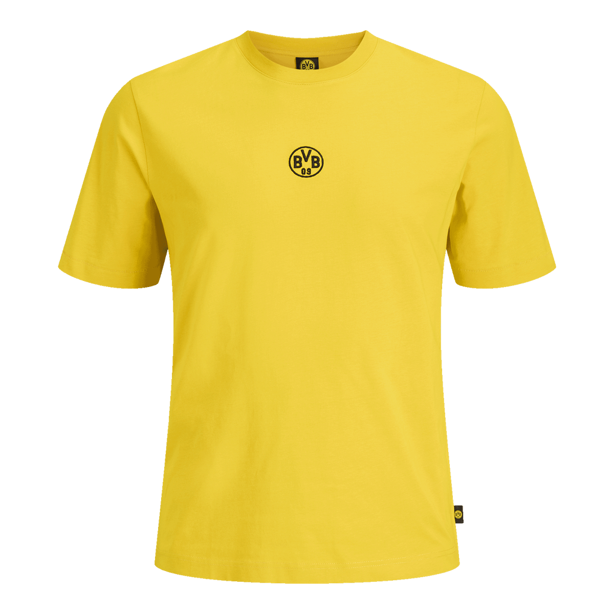 ボルシア・ドルトムントの公式グッズコレクション「Essentials II」の黄色いBVB Tシャツ。黒と黄色のBVBロゴが入っており、ファンに最適です。
