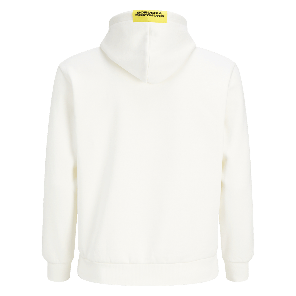 Beige BVB hoodie from the Essentials II collection; back view featuring yellow "Borussia Dortmund" lettering on the hood.