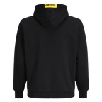Schwarzer BVB-Hoodie 'Essentials II' mit gelbem BORUSSIA DORTMUND Logo auf der Rückseite der Kapuze, Rückansicht.
