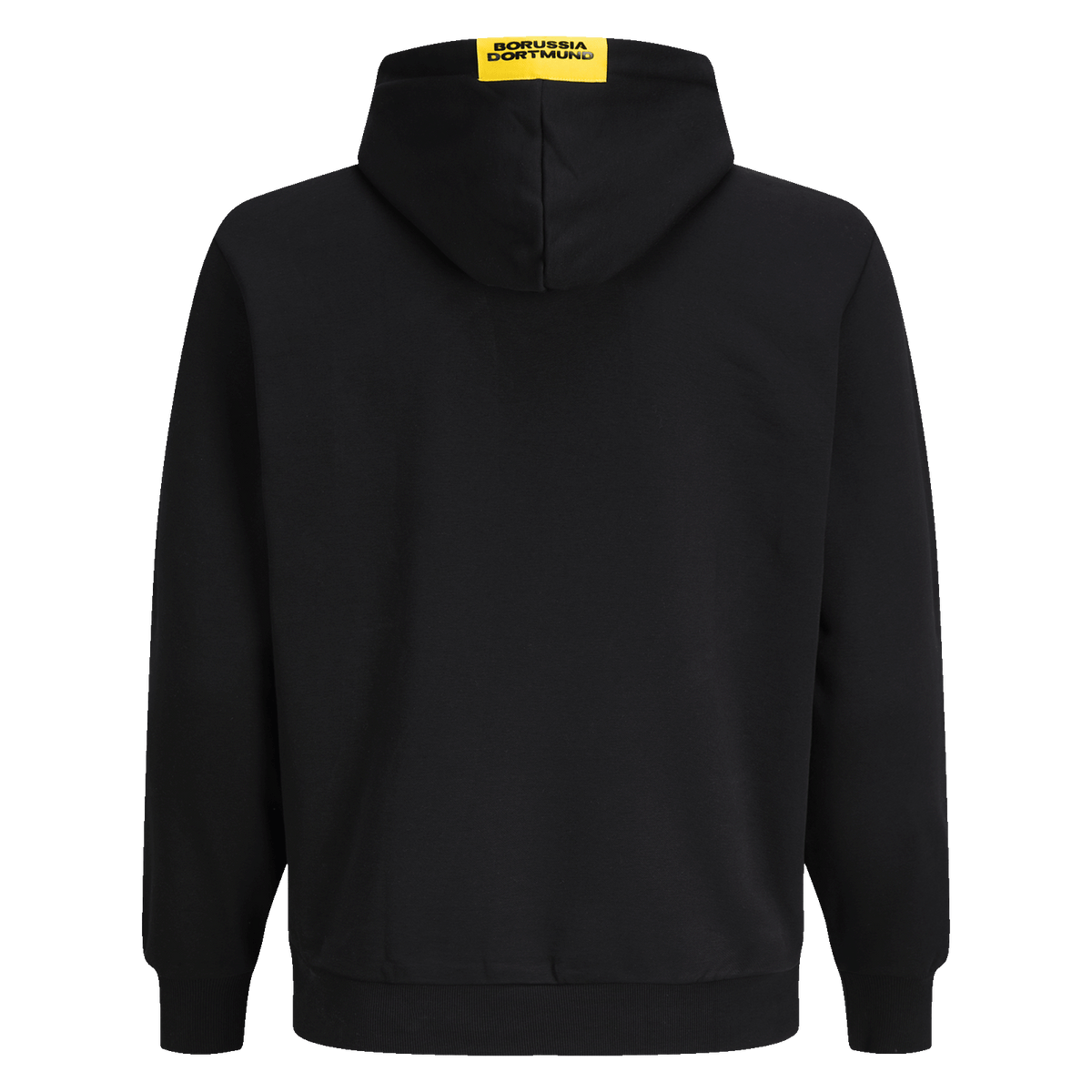Schwarzer BVB-Hoodie 'Essentials II' mit gelbem BORUSSIA DORTMUND Logo auf der Rückseite der Kapuze, Rückansicht.