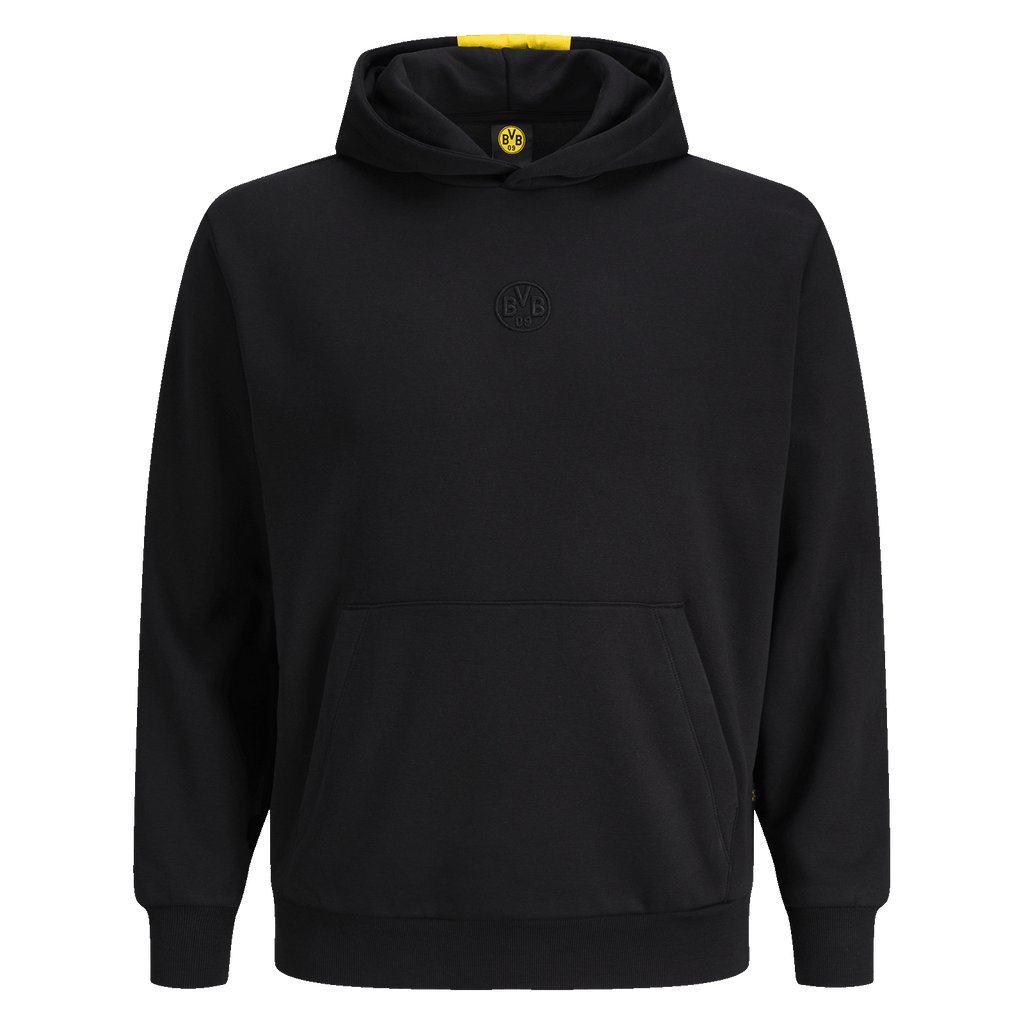 Schwarzer BVB Hoodie Essentials II mit dezentem BVB-Logo auf der Brust und praktischer Kapuze aus Baumwollmaterial.