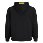 La giacca in felpa nera Essentials II del BVB si presenta, vista da dietro, con il cappuccio e un dettaglio giallo del Borussia Dortmund sulla nuca.