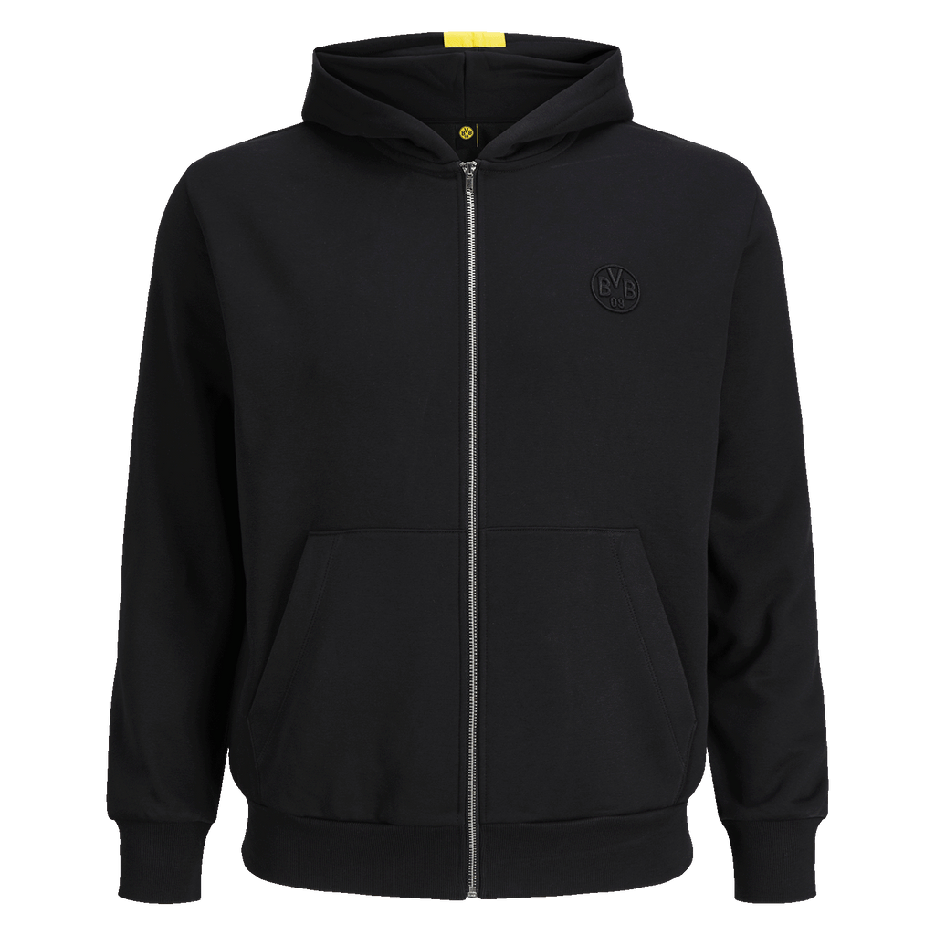 La giacca in felpa BVB Essentials II, nera, con cappuccio e cerniera, dal design semplice e con il logo sportivo del BVB sul petto, ideale per i tifosi del Borussia Dortmund.