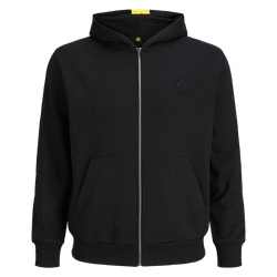 La veste sweat BVB Essentials II, noire, à capuche et fermeture éclair, au design épuré et ornée d'un logo BVB sportif sur la poitrine, est idéale pour les supporters du Borussia Dortmund.