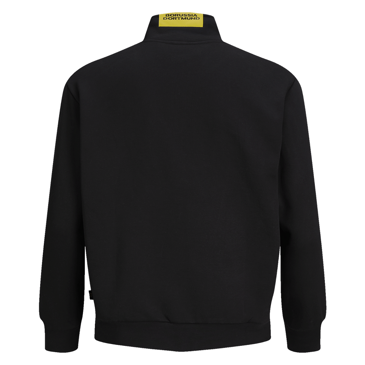 Essentials II コレクションの黒いBVBプルオーバーの後ろ姿。襟には黄色い「Borussia Dortmund」のロゴが入っており、ファンに最適です。