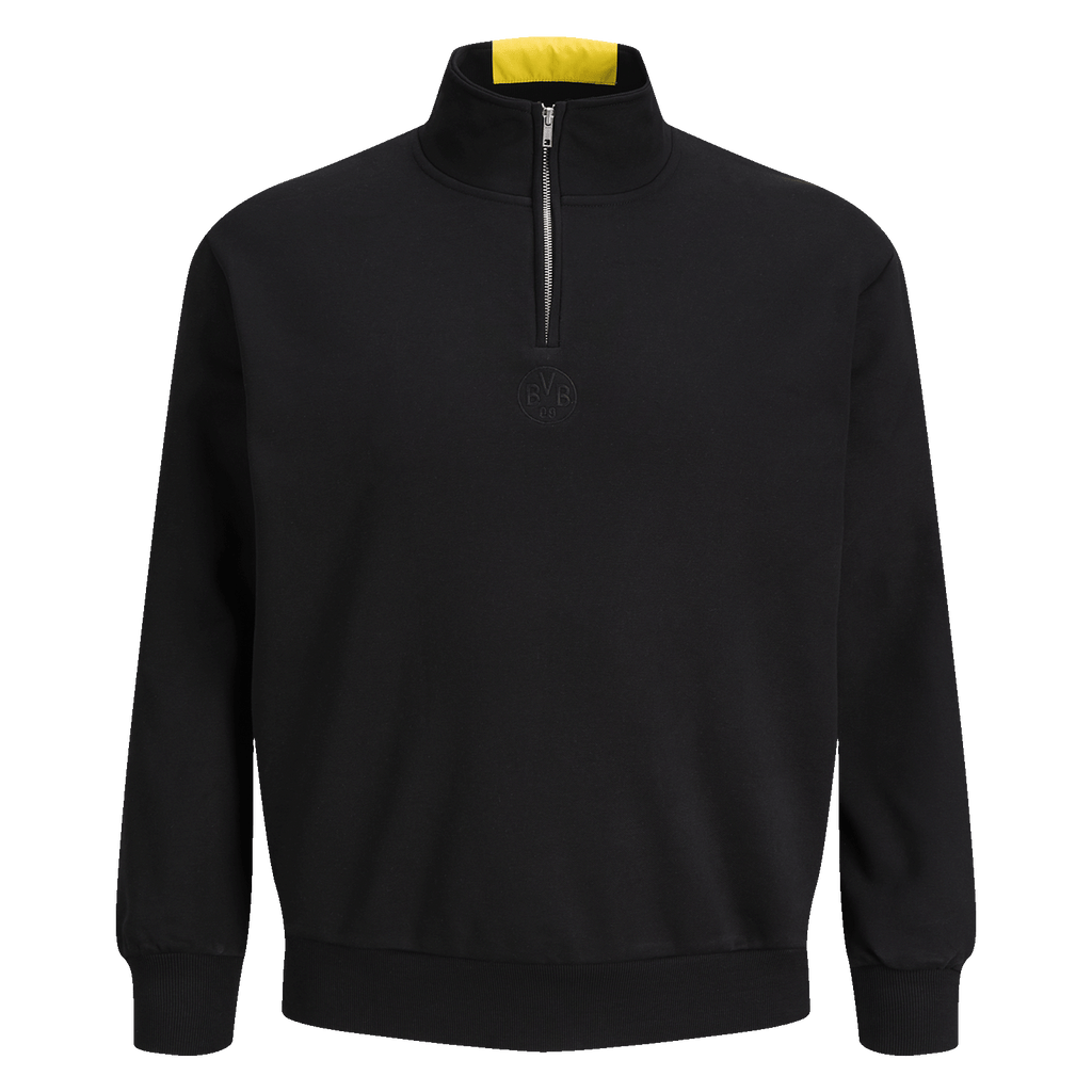Jersey negro del BVB «Essentials II» con cuello alto, cremallera y un discreto logotipo del BVB en la parte delantera, ideal para los aficionados del Borussia Dortmund.