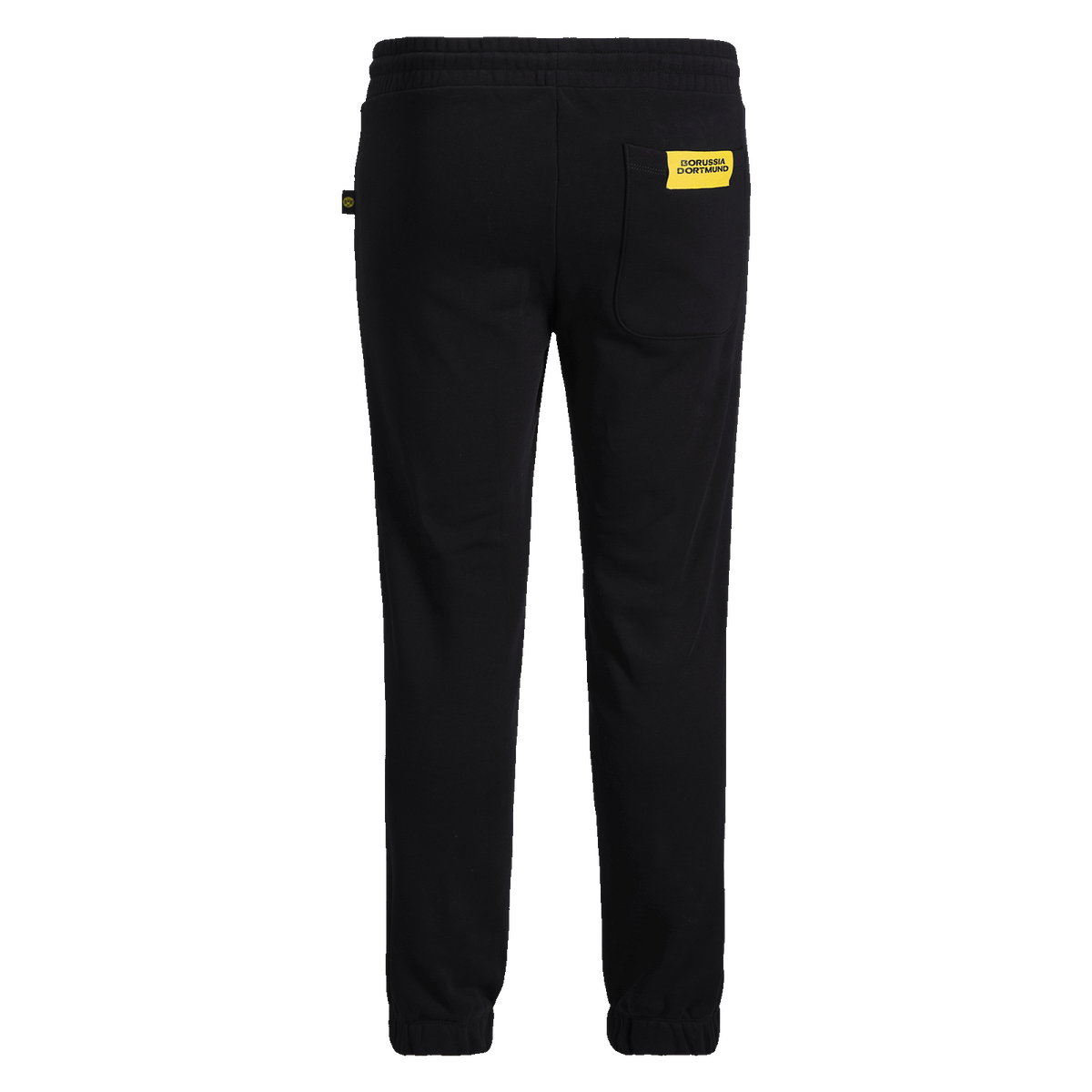 Pantalon de survêtement noir BVB Essentials II avec taille élastiquée, étiquette jaune « Borussia Dortmund » sur la poche arrière et bas de jambe étroit.