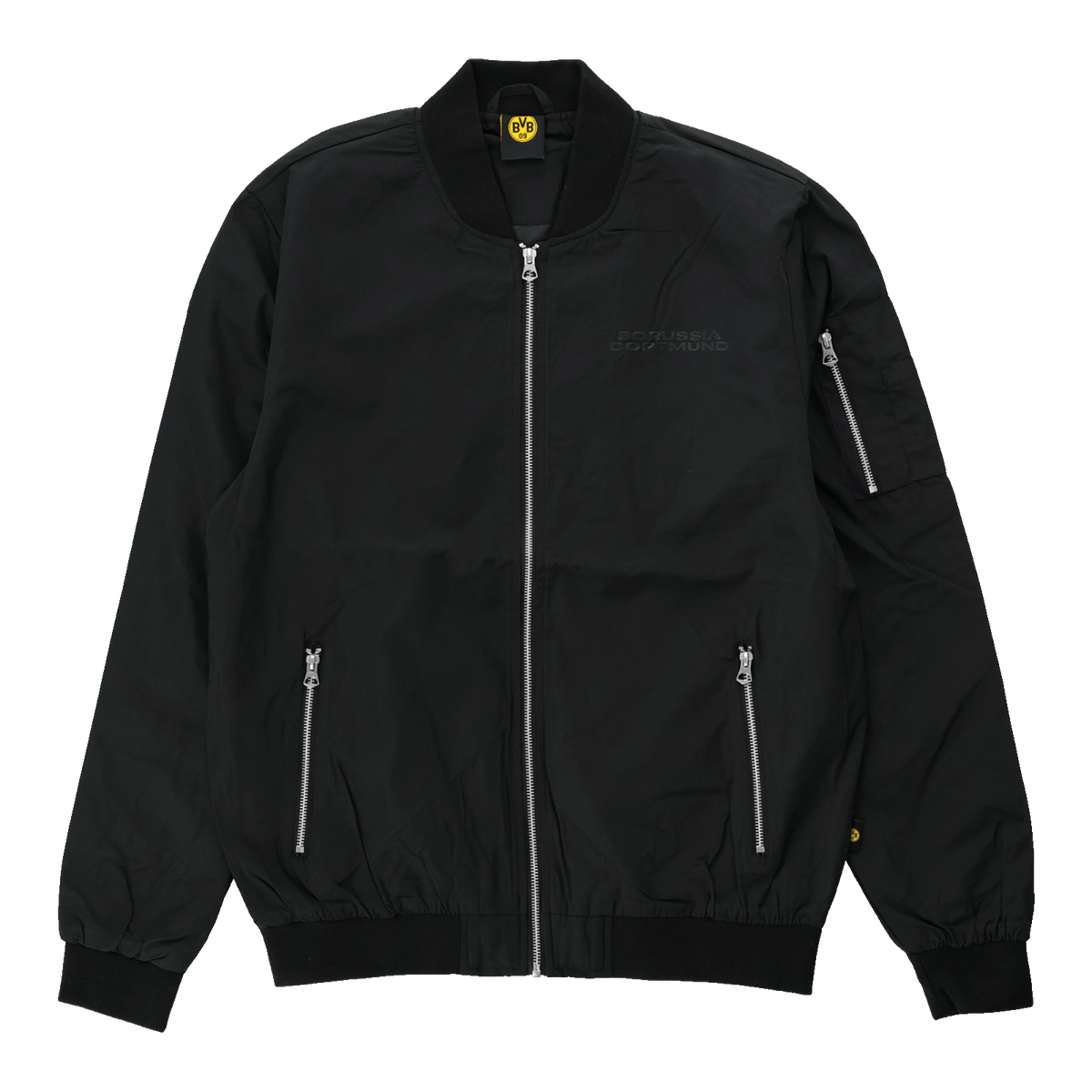 Schwarze BVB Jacke Essentials II mit Borussia Dortmund Logo, Reißverschlüssen und sportlichem Design in der Vorderansicht.