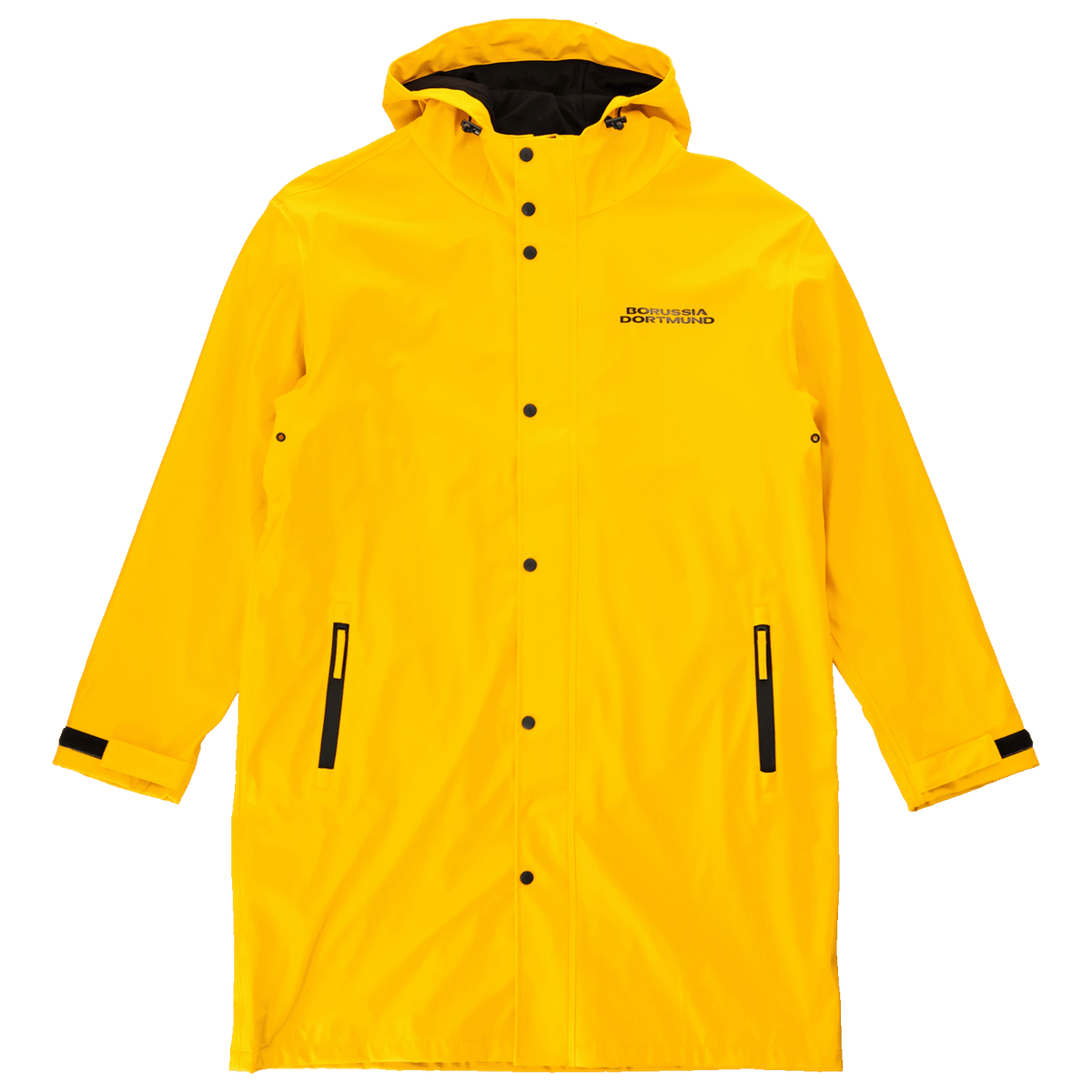 Gelber Regenmantel der BVB Essentials II Kollektion mit schwarzem Borussia Dortmund-Logo und Kapuze, ideal für regnerische Tage.