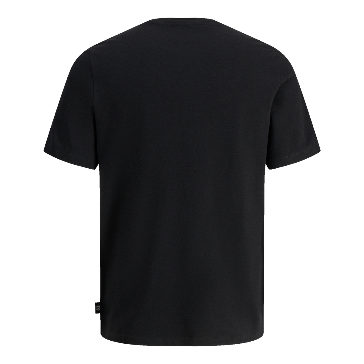Rückansicht eines schwarzen, kurzärmeligen T-Shirts mit schlichtem Design, ideal für Herren und Damen.