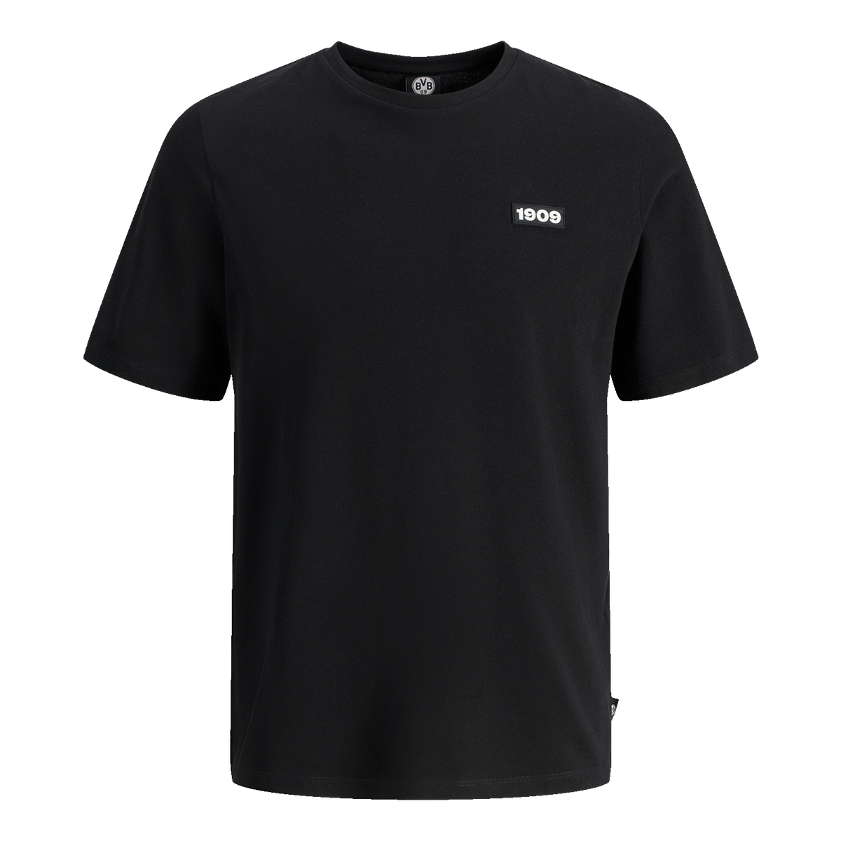 Schwarzes BVB-T-Shirt mit 1909-Emblem auf der Brust, Vorderansicht.