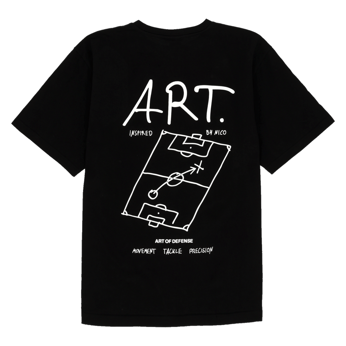 Schwarzes BVB T-Shirt mit auffälligem weißem ART Design, inspiriert von Nico, und Fußballfeld-Grafik. Ideal für Fans von Borussia Dortmund.