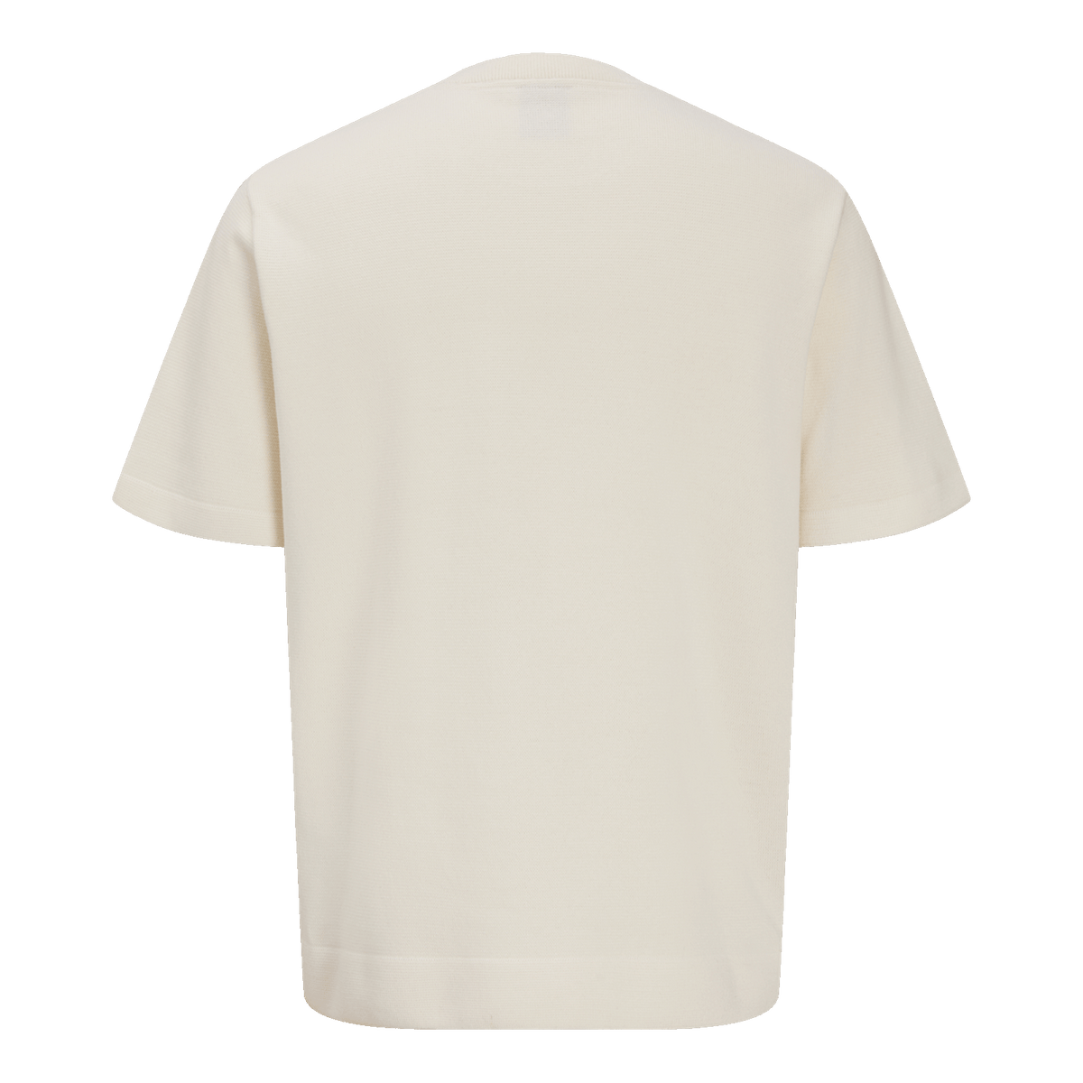 Rückansicht eines cremefarbenen T-Shirts mit kurzen Ärmeln und schlichtem Design, geeignet für verschiedene Anlässe.
